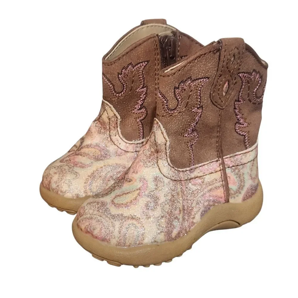 Roper Newborn Size 2 Soft Cowboy Boots Brown Yellow Paisley Side Zip Shoes